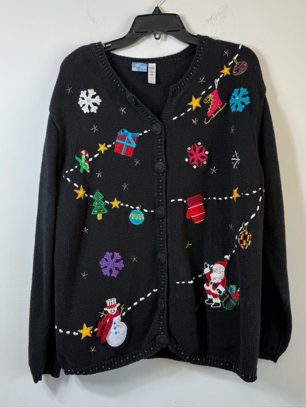 Holiday Editions Black Christmas Cardigan XL Embroidered Ugly Sweater Beaded
